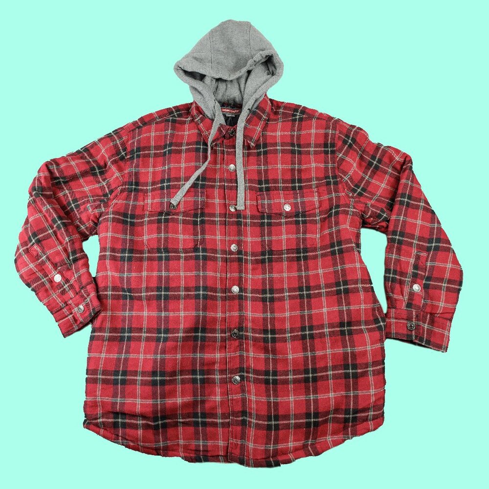 CRAFTSMAN HOODED FLANNEL SHIRT JACKET MENS Large Biking Red And Black Plaid New